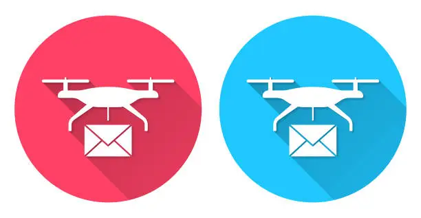 Vector illustration of Delivery drone with mail. Round icon with long shadow on red or blue background