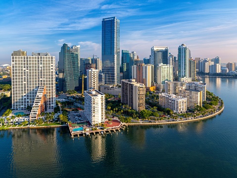 miami, United States – September 30, 2023: Aerial video of downtown Miami, Florida, with a focus on the Brickell area and its towering skyscrapers