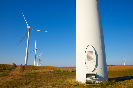 Wind turbines generators for sustainable electrical energy production in Zaragoza Province, Aragon in Spain