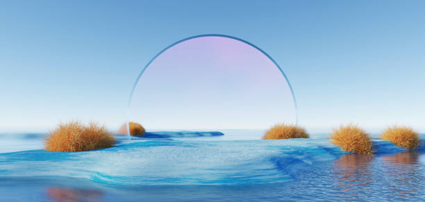 istock 3d Render, Abstract Surreal pastel landscape background with arches and podium for showing product, panoramic view, Colorful dune scene with copy space, blue sky and cloudy, Minimalist decor design 1716509247