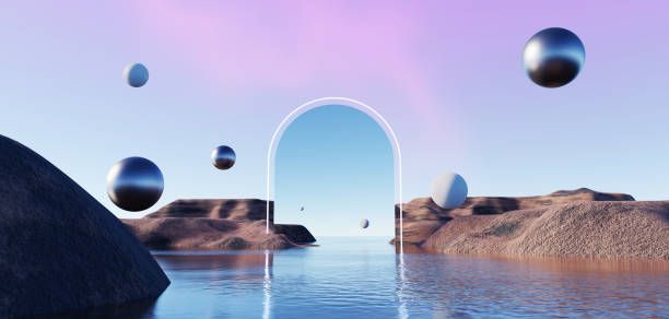 istock 3d Render, Abstract Surreal pastel landscape background with arches and podium for showing product, panoramic view, Colorful dune scene with copy space, blue sky and cloudy, Minimalist decor design 1716509248