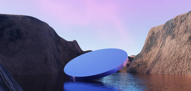 istock 3d Render, Abstract Surreal pastel landscape background with arches and podium for showing product, panoramic view, Colorful dune scene with copy space, blue sky and cloudy, Minimalist decor design 1716509249