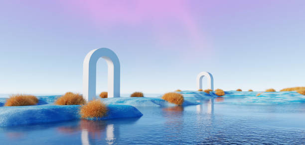istock 3d Render, Abstract Surreal pastel landscape background with arches and podium for showing product, panoramic view, Colorful dune scene with copy space, blue sky and cloudy, Minimalist decor design 1716509272
