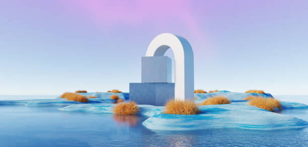 istock 3d Render, Abstract Surreal pastel landscape background with arches and podium for showing product, panoramic view, Colorful dune scene with copy space, blue sky and cloudy, Minimalist decor design 1716509284