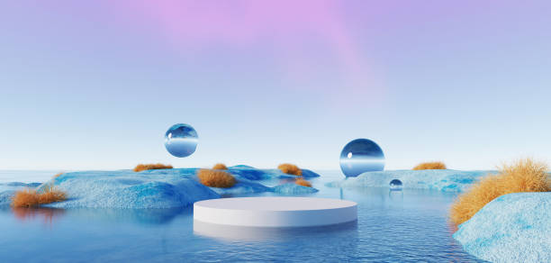 istock 3d Render, Abstract Surreal pastel landscape background with arches and podium for showing product, panoramic view, Colorful dune scene with copy space, blue sky and cloudy, Minimalist decor design 1716509292