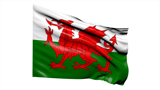 3d illustration flag of Wales. Wales flag waving isolated on white background with clipping path. flag frame with empty space for your text.