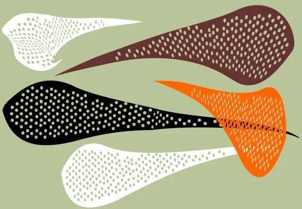 Vector illustration of gray-green background with abstract figures of white, black, brown and orange color, similar to large elongated drops.