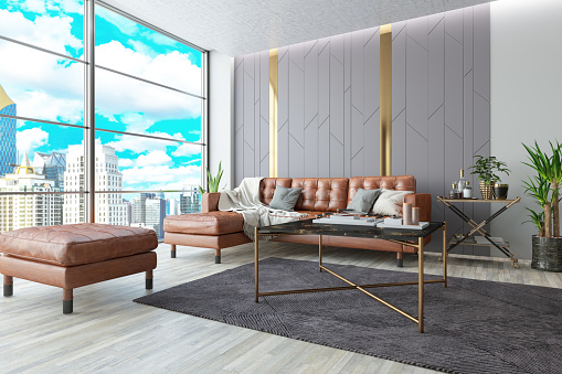 Luxury Interior with Leather Sofa and Brass Accessories. 3D Render