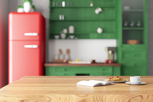 Countertop with Green Vintage Kitchen Furniture. 3D Render