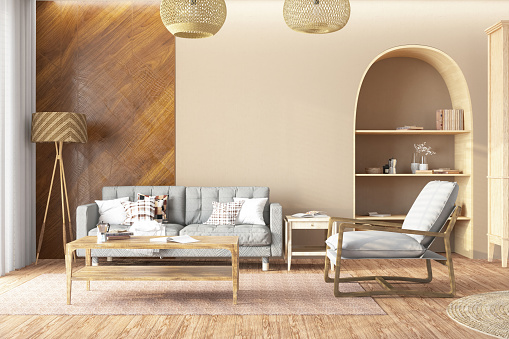 Scandinavian Style Cozy Beige Living Room with Wooden Furnitures. 3D Render