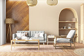Scandinavian Style Cozy Beige Living Room with Wooden Furnitures
