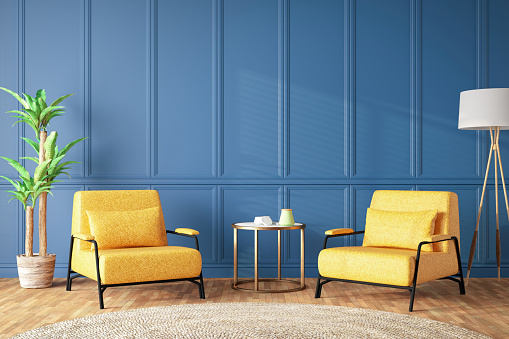 Room with Empty Blue Wall Panelling with Two Armchairs. 3D Render