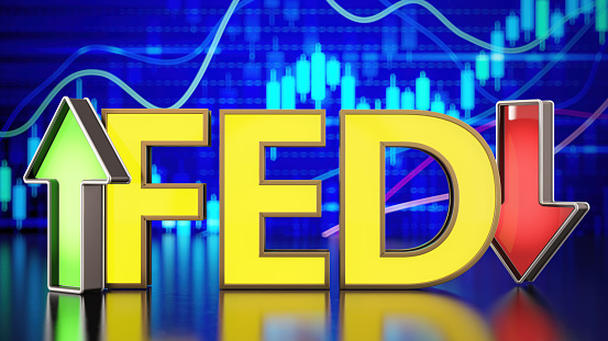 Neon FED Federal Reserve Bank Sign on a Financial Chart with Red and Green Arrows. 3D Render