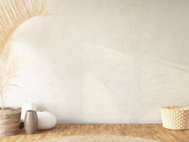 istock Empty Mock up Beige Wall with Dried Plants and Vases 1716542572