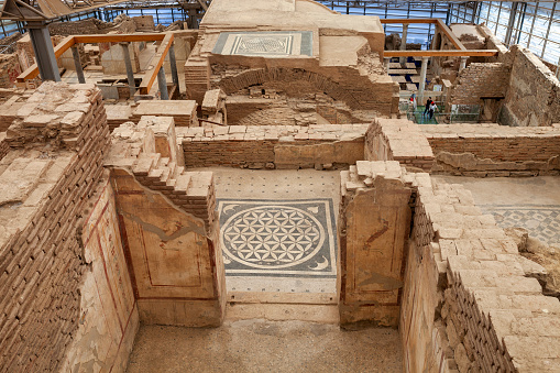 Efes, Izmir, Turkey - Apr 22, 2012: View from archeological site the Terrace Houses (Yamac Evler in Turkish).