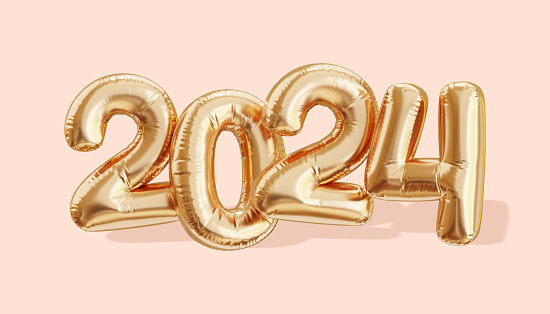 2024 happy new year symbol. Golden balloons 3d render illustration. Happy new year banner design.