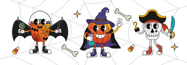 Vector illustration of Set of halloween groovy cartoon characters. Candy bucket, pumpkin, skull