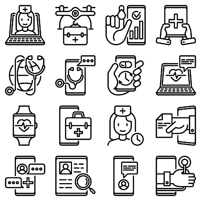 Online medicine, telemedicine thin line icons set: pill timer, ambulance online, medical drone, medical tracker, mHealth, messenger, check symptoms, mobile consultant. Modern vector illustration.