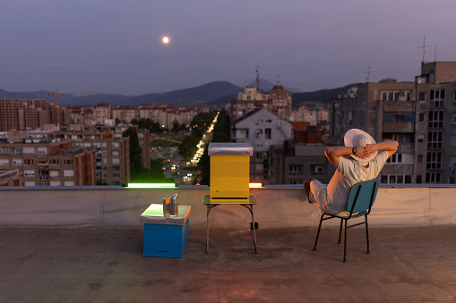 Urban beekeeper sitting by his apiary on building rooftop.