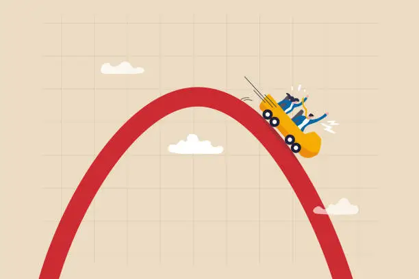 Vector illustration of Stock market rollercoaster, risk or recession downturn, investment falling down, economic crisis, fall down, decrease or reduction concept, business people investor riding on falling down graph.