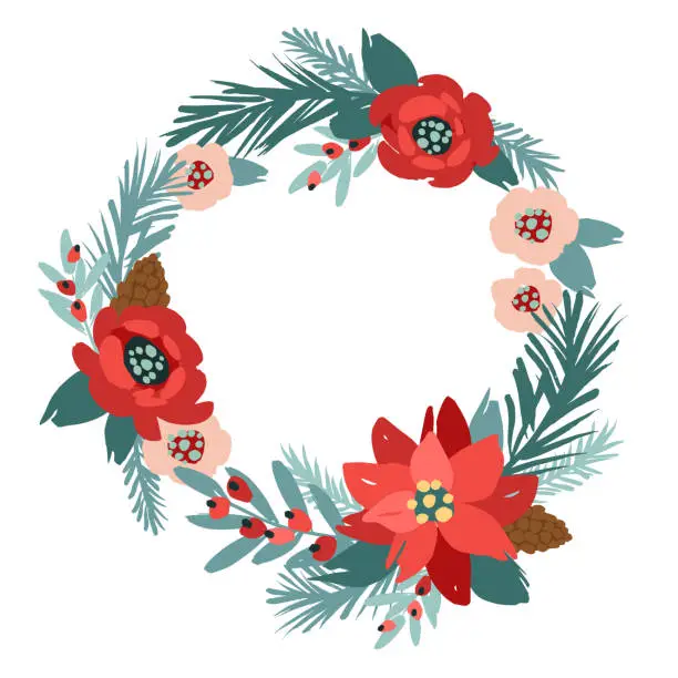 Vector illustration of Christmas and Happy New Year illustration with Christmas wreath. Vector isolated design