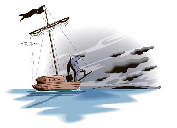 Vector illustration of a businessman who lost his way with a sailboat in the middle of the sea