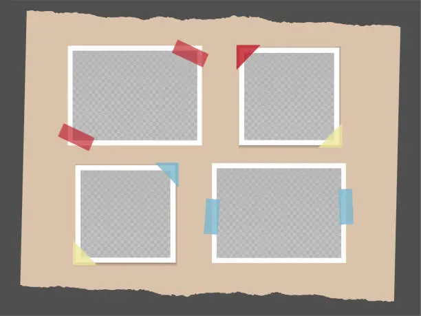 Vector illustration of Empty photo frames with multicoloured sticky tape and corners. Set of square and horizontal photo cards on torn beige background. Vector realistic Mockup. EPS10.