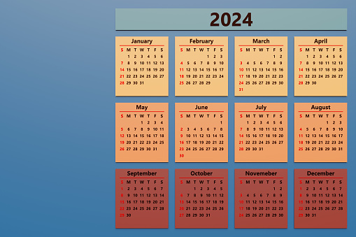 Calendar 2024 week, 12 months, corporate design planner template.