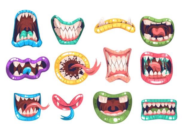 istock Monster lips. Monsters mouths teeth fangs and saliva tongue, creatures laugh funny face expression or roaring croc terrible mouth, horror emotion cartoon classy vector illustration 1716588765