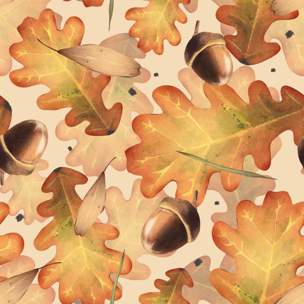 도토리가 있는 참나무 잎의 매끄러운 패턴. 타락한 마른 나뭇잎. 가을 수채화 그림입니다. 직물 디자인, 배경, 포장을 위해 - falling tree leaf autumn stock illustrations
