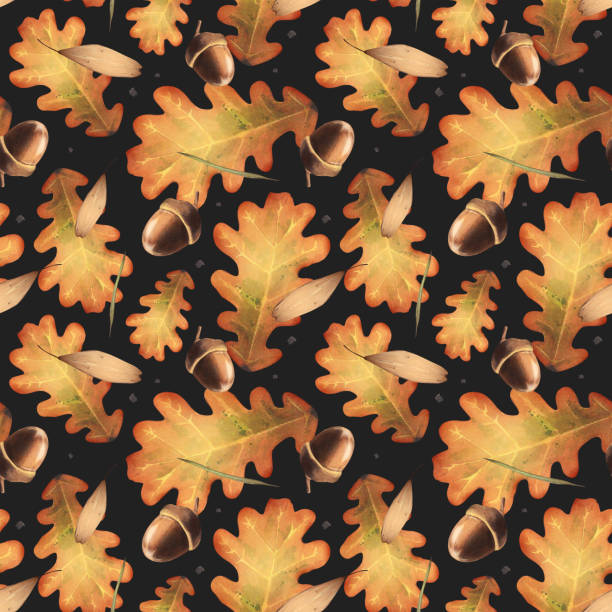 illustrazioni stock, clip art, cartoni animati e icone di tendenza di modello senza cuciture di foglie di quercia con ghiande. foglie secche cadute. illustrazione ad acquerello autunnale. per design tessile, sfondi, packaging - leaf autumn falling tree