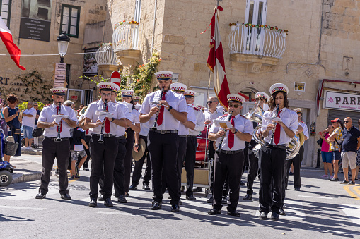 Rabat, Malta - September 24 2023: A band marching through the streets of Rabat in Malta