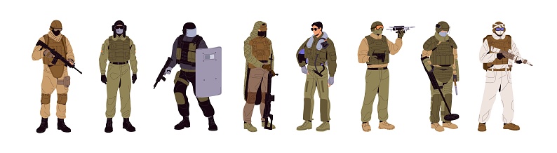 Different types of soldiers set. People, men in military uniform with guns: sharpshooter, tanker, swat, sniper, aviator, uav operator, sapper, scout. Armed forces. Flat isolated vector illustration.