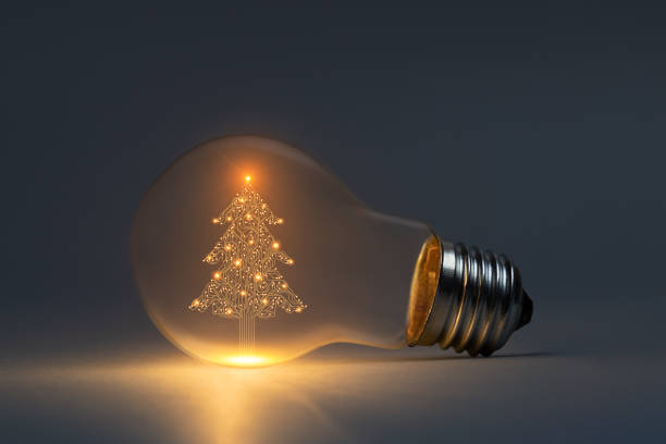 Artificial intelligence circuit board Christmas Tree symbol in light bulb stock photo