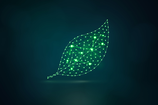 Artificial intelligence leaf symbol on dark background. This file is cleaned and retouched.