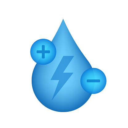 Electrolyte Drink blue gradient icon for mineral water or other beverages - electric ions in water drop. Water drop isolated on white background. Vector illustration