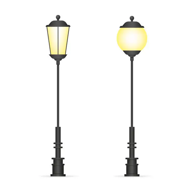 Vector illustration of Vintage street lights glowing with yellow light 3d realistic vector set isolated on white background. Retro architecture design elements collection Victorian era lamppost. Vector illustration