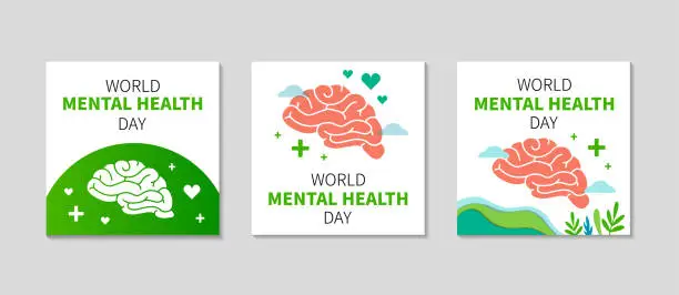 Vector illustration of World mental health day social media Post template set. Brain and abstract elements. Vector illustration.