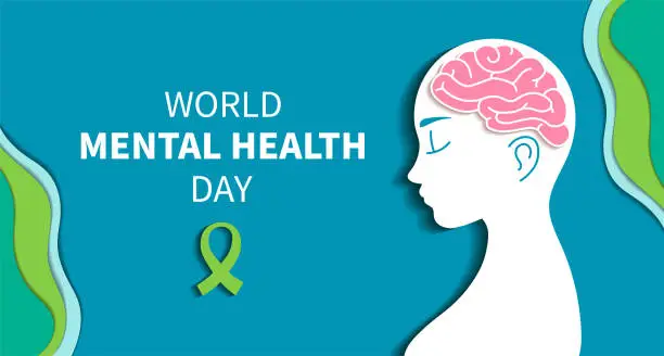 Vector illustration of World mental health day web banner. Human head silhouette, healthy brain. Vector Background.