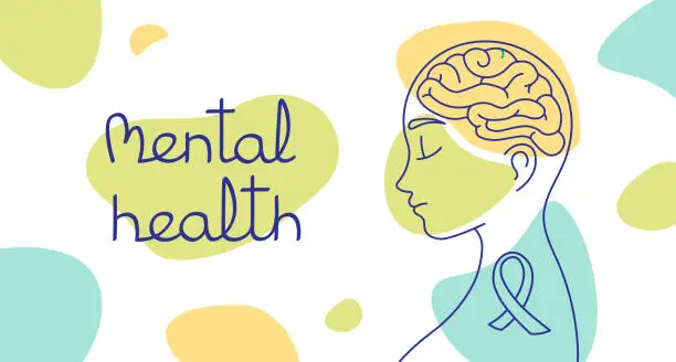 Vector illustration of World mental health day web banner. Human head silhouette, healthy brain and abstract spots. Vector Background.