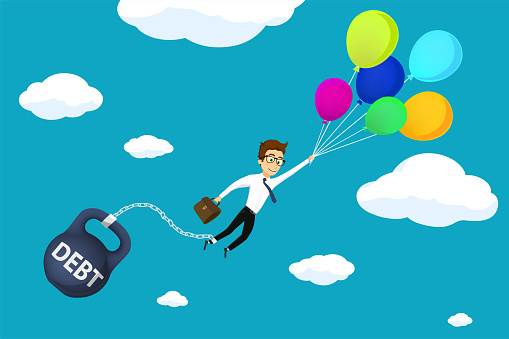 Businessman chained to a weight with the inscription debt, flying in hot air balloons. Stock vector illustration