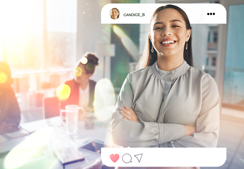 Tablet, social media and arms crossed with a business woman on screen to like, share or comment on a post. Profile picture, status or update and a confident young employee on a display with space