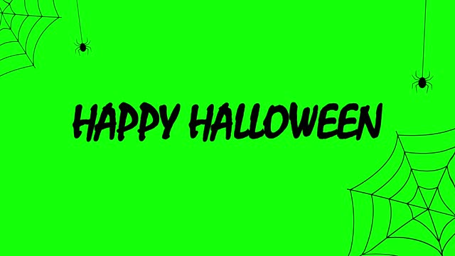 Happy Halloween animated text in a cartoon style background with bats, tree, house and spider. stock video