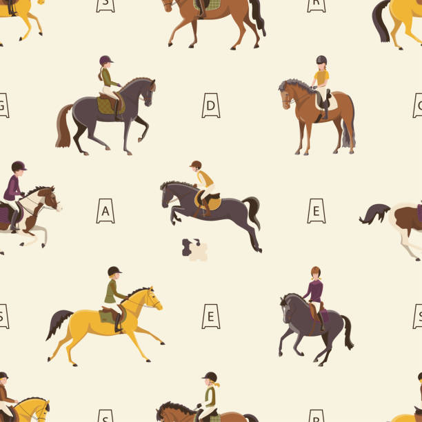 ilustrações de stock, clip art, desenhos animados e ícones de children on ponies train in the equestrian arena, seamless vector pattern - child horse design symbol