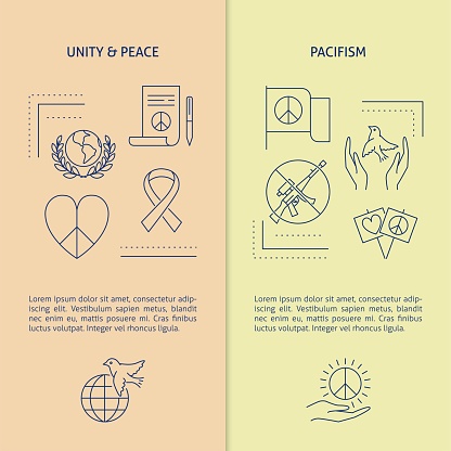 Unity and peace banner template with place for text. Pacifism symbols. Vector illustration.