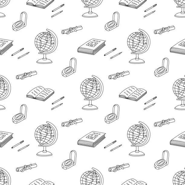 Vector illustration of Science geography illustration. Vector doodle seamless pattern on white background. Back to school theme.