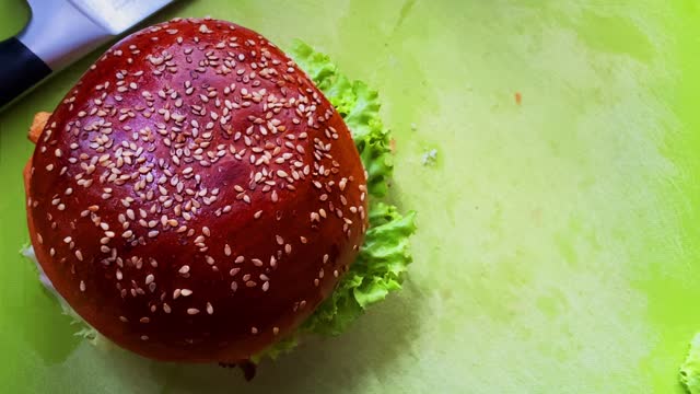 Fried chicken hamburger. Stack fresh tasty burger. stock video