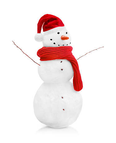 one snowman with red scarf and Santa hat on isolated white background