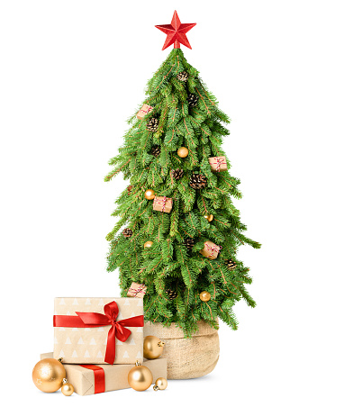 Decorated Christmas tree with gift boxes underneath it on an isolated white background