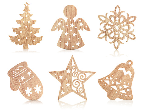 Close-up on beautiful Christmas ornaments hanging on the tree - holidays concepts